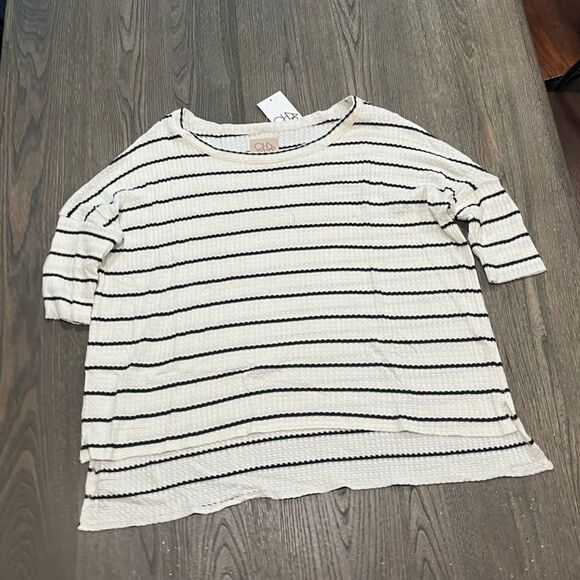 NWT Chaser White Black Striped Waffle Knit Boxy Thermal Tee Size M - Picture 1 of 4